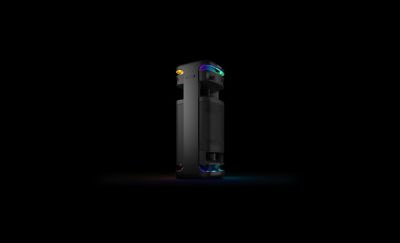 Rotating view of the ULT TOWER 10 speaker with lights illuminated.