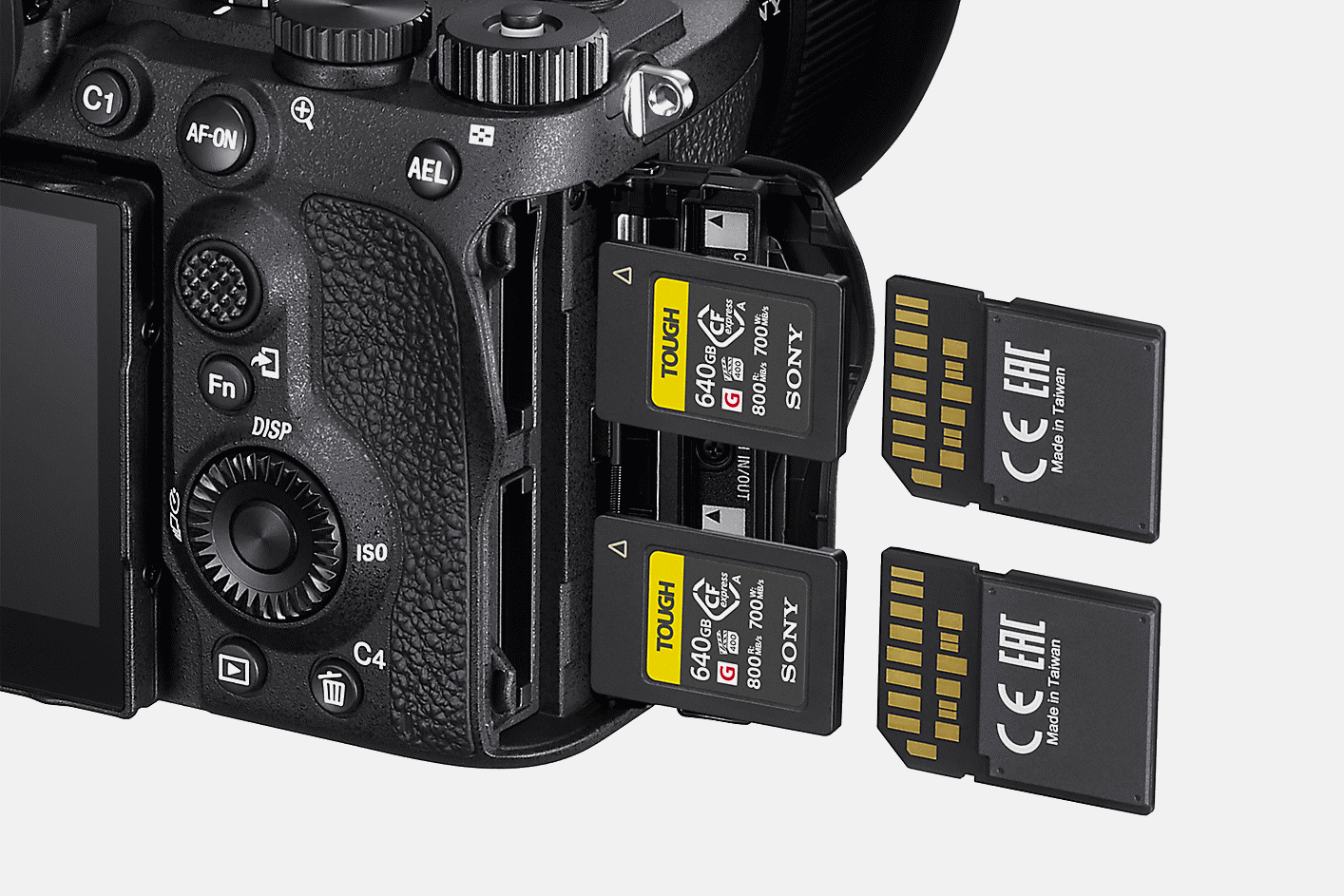 Image of the camera with CFexpress cards and SD cards