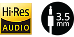 Logo's voor High-Resolution Audio en audioaansluiting van 3,5 mm