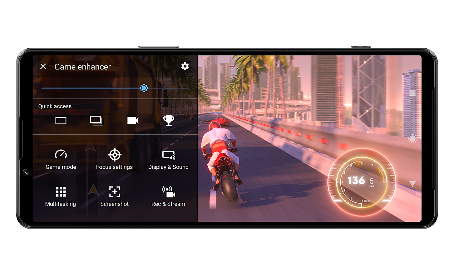 Xperia 1 IV in landscape position displaying the Game enhancer interface