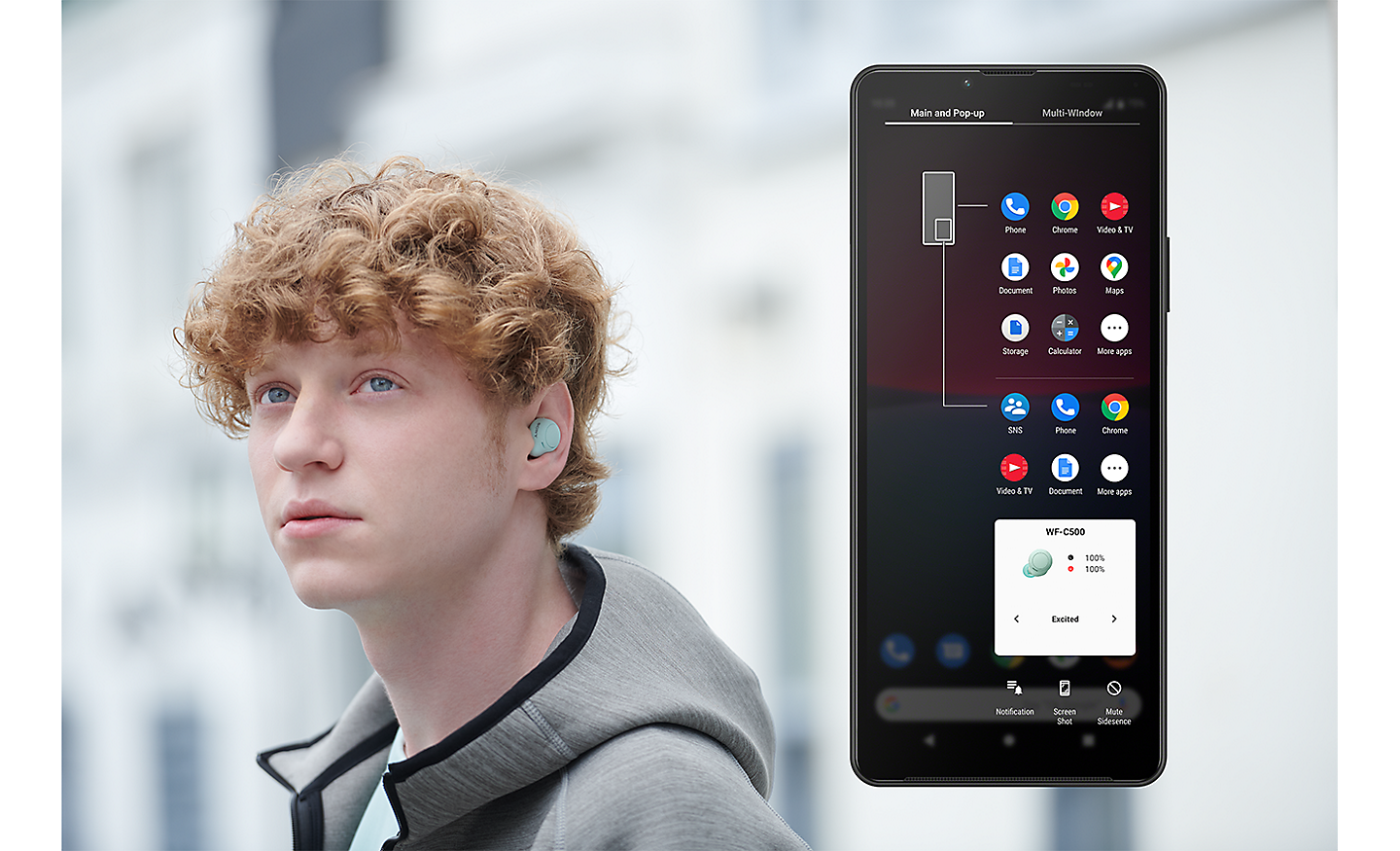 Man wearing wireless headphones shown next to Xperia 10 IV using Side sense menu