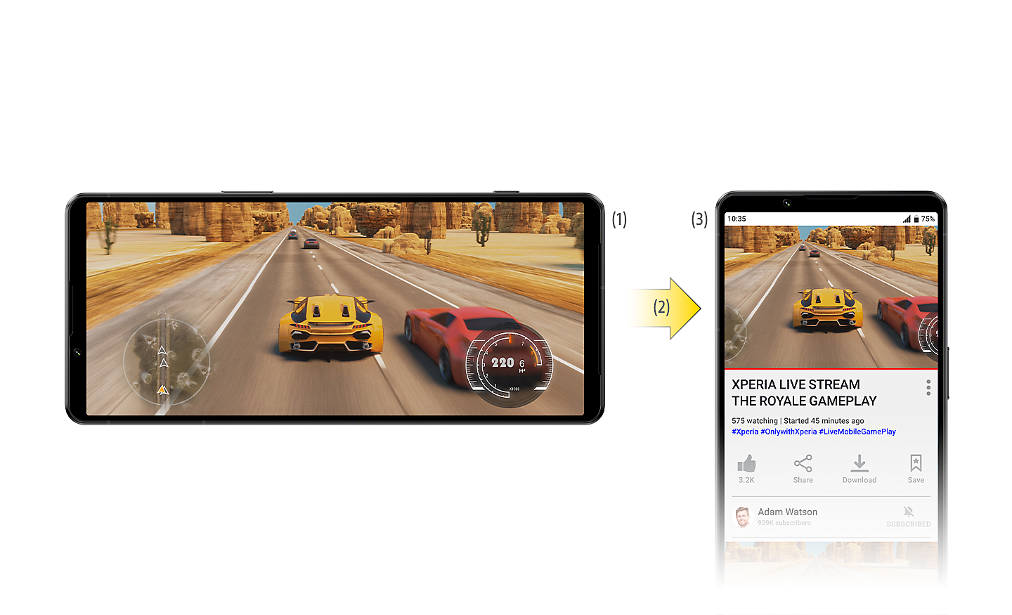 Annotated image of an Xperia 1 IV in landscape position and another in portrait position - both displaying gameplay