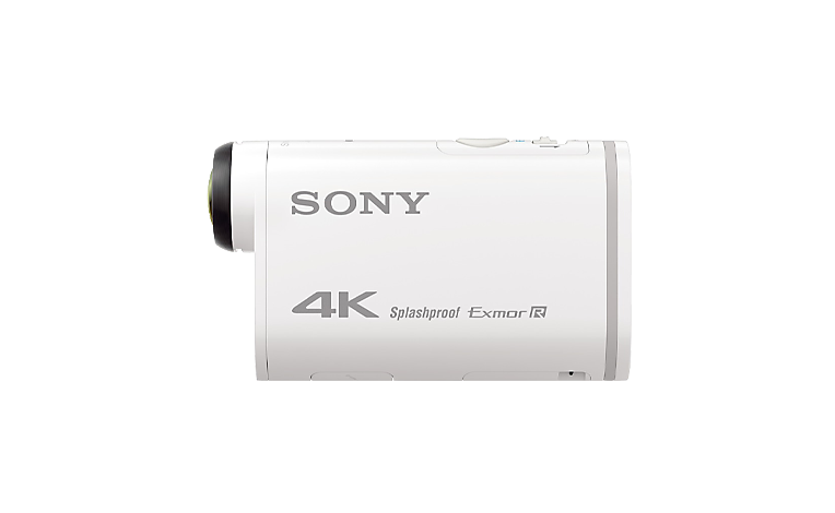 Kampinis vaizdas į baltą Sony FDR-X1000V veiksmo kamerą