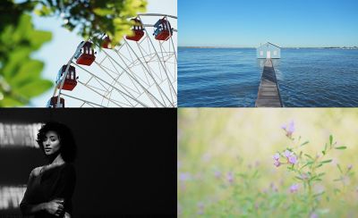 Cuatro fotos de muestra de Aspecto creativo: rueda de la fortuna, cobertizo para botes, retrato de una mujer, macro de flores silvestres