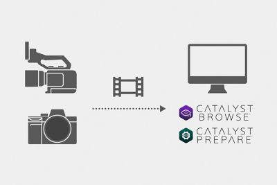 Иллюстрация, на которой показано, как снятые с помощью камеры видеозаписи загружаются в Catalyst Browser или Catalyst Prepare