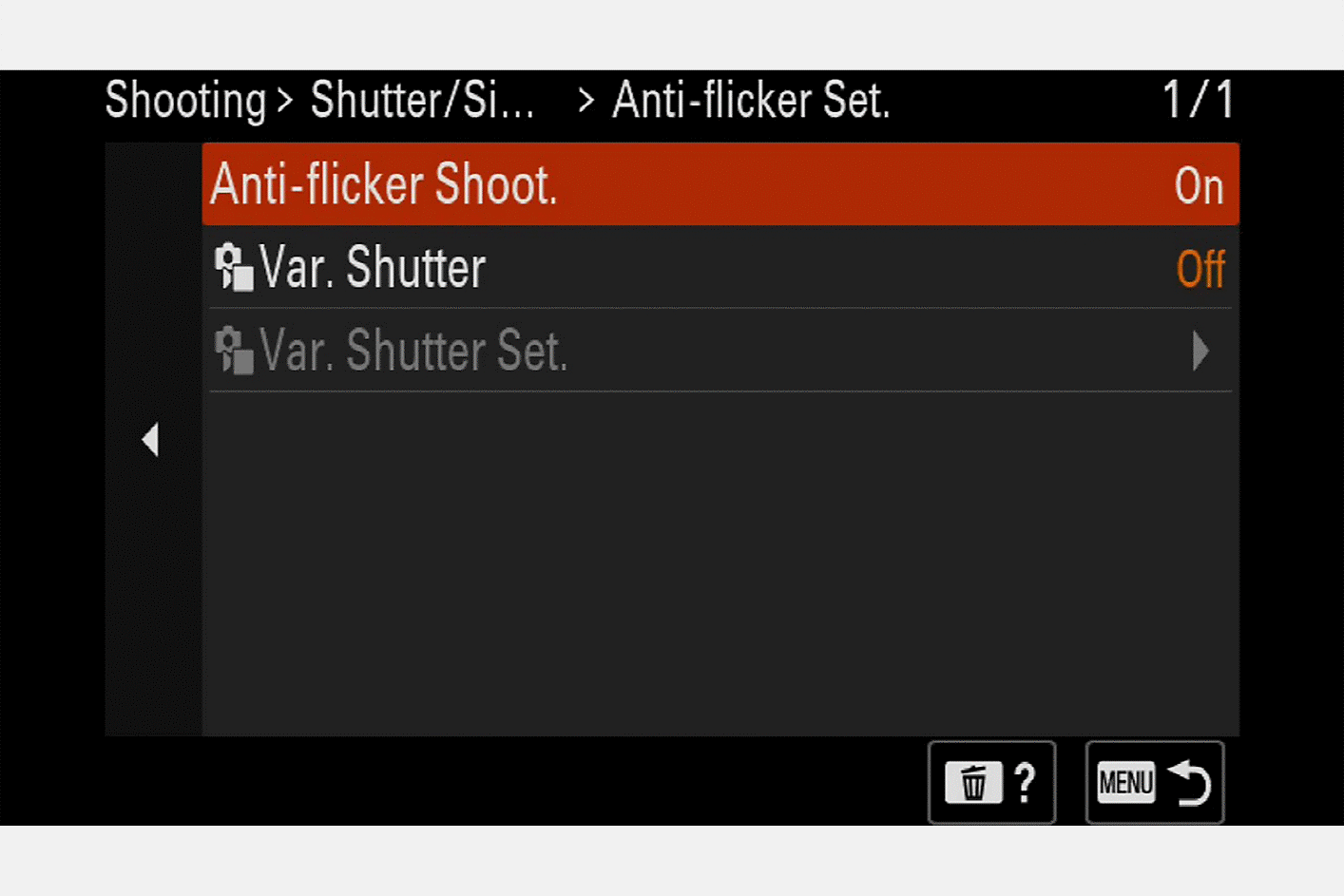 Image of the camera display for Anti-Flicker settings