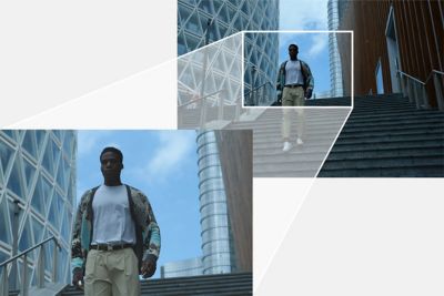 Ejemplo de imagen recortada de un hombre bajando escaleras, junto a la imagen original del retrato de cuerpo completo