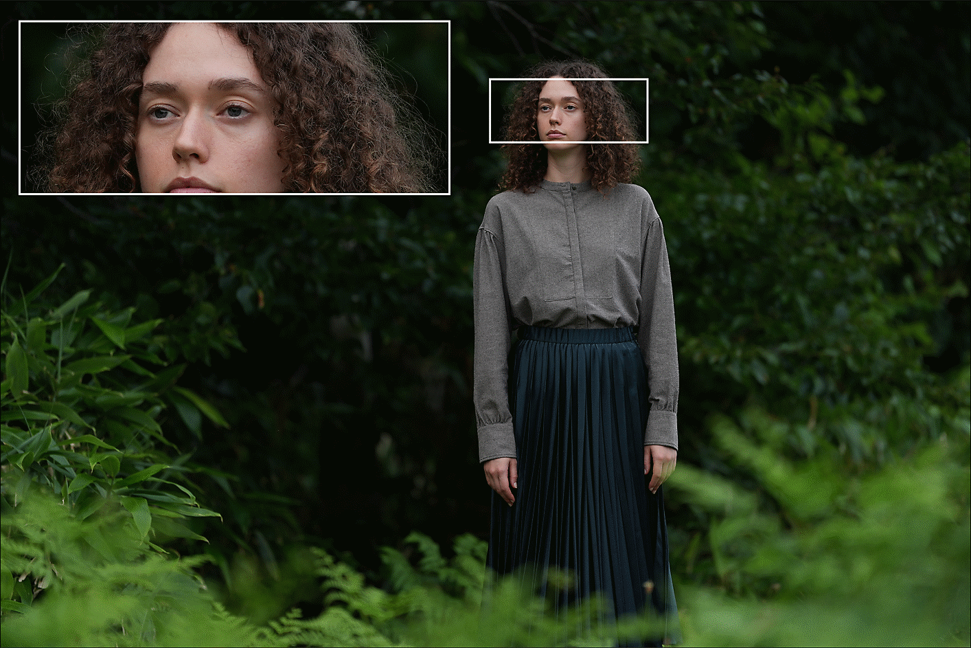ภาพผู้หญิงคนหนึ่งยืนอยู่ในป่าไม้และภาพใบหน้าของเธอในระยะใกล้