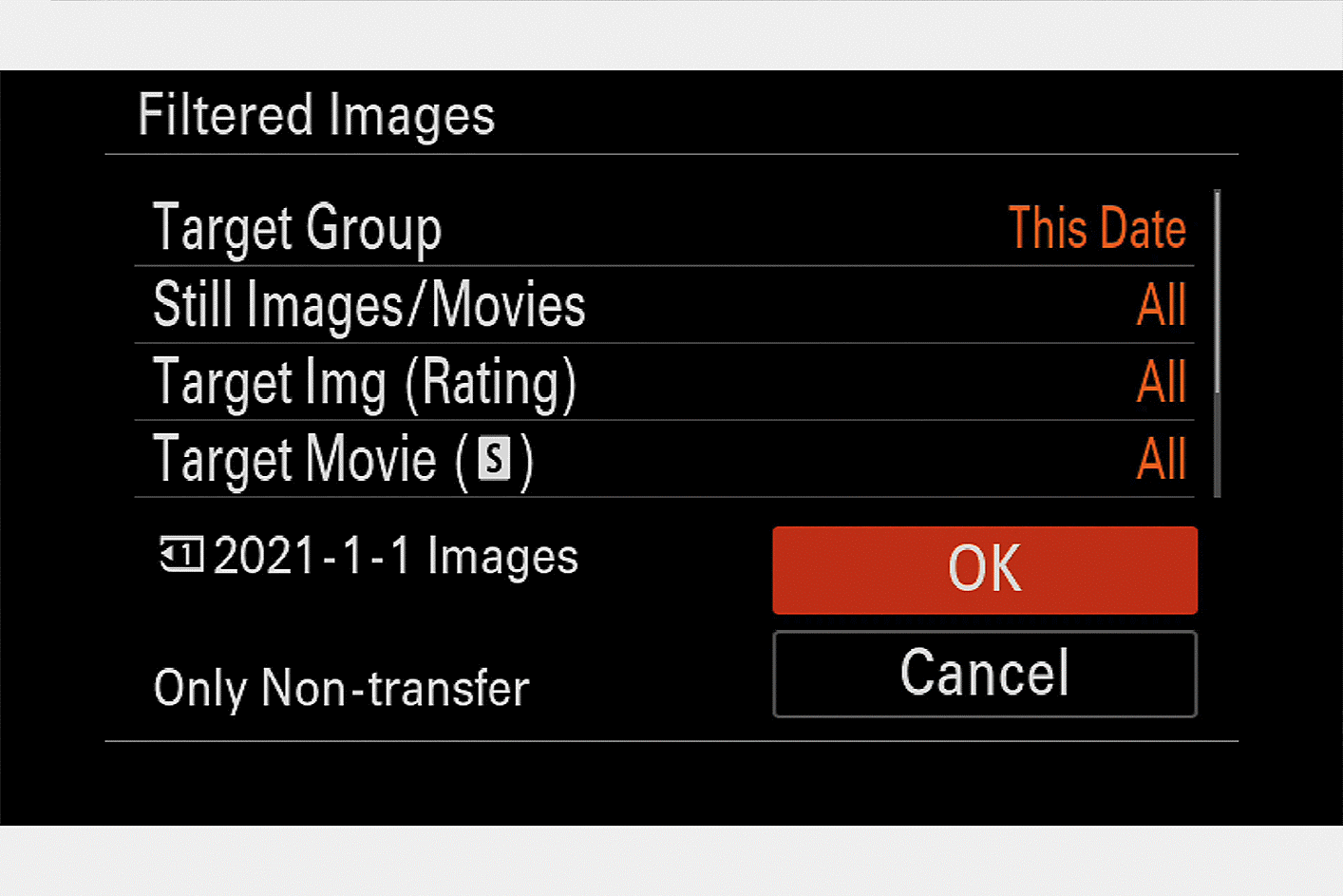 The menu display for selection of images to be transferred