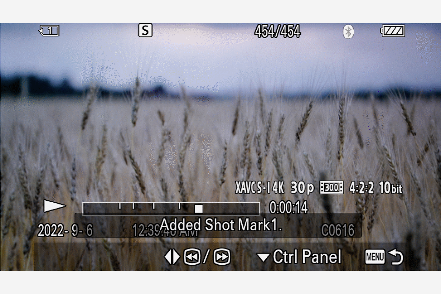 Camera display showing a barley field, with superimposed text indicating that a Shot Mark has been set