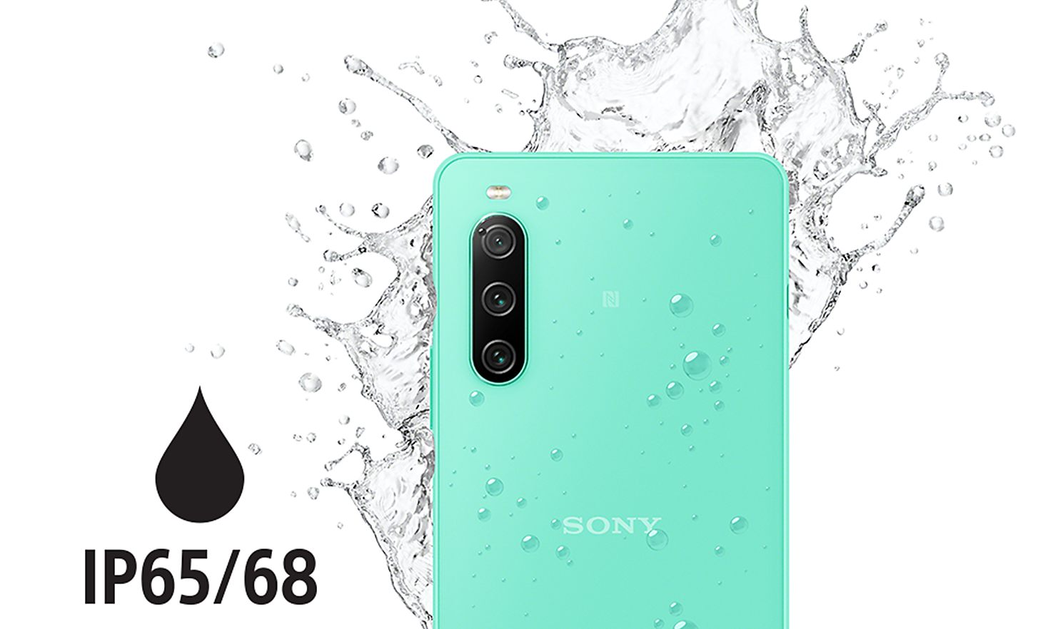 Logo for IP65/68 alongside an Xperia 10 IV in mint, being splashed with water