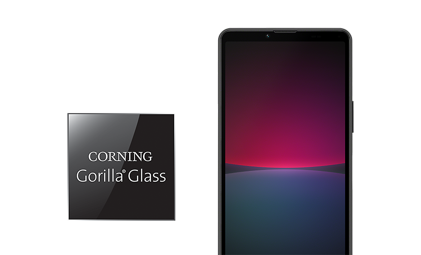 Vooraanzicht van de Xperia 10 IV in de kleur zwart naast het logo van Corning® Gorilla® Glass