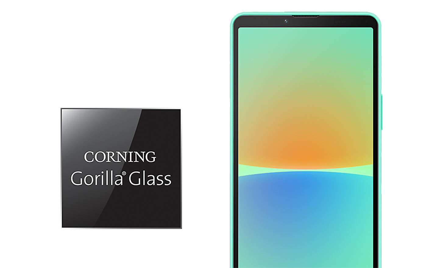 正面向前的薄荷綠色 Xperia 10 IV，旁邊有 Corning® Gorilla® Glass 標誌