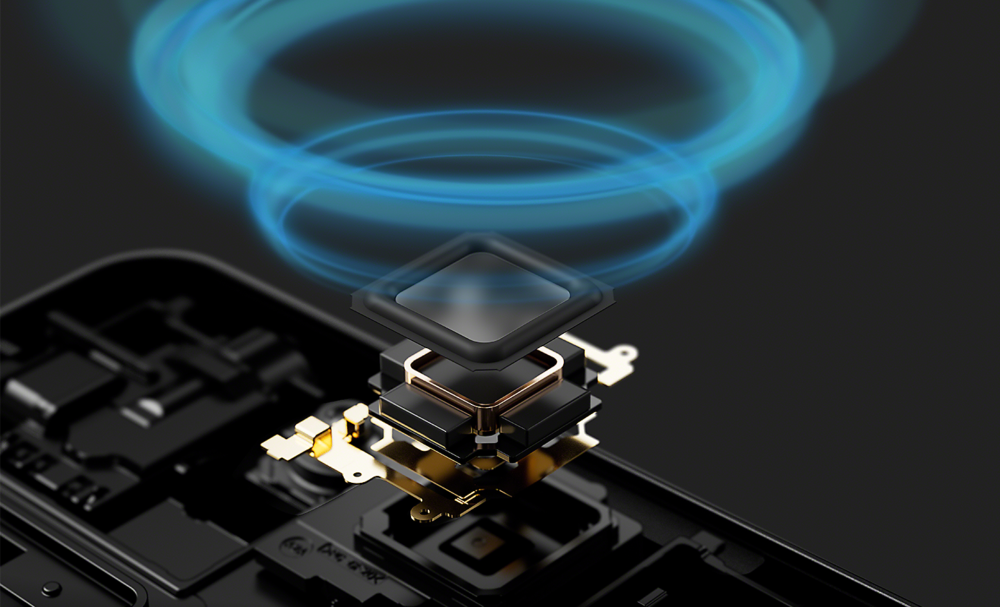 Exploded view of speaker driver with illustrated blue sound waves
