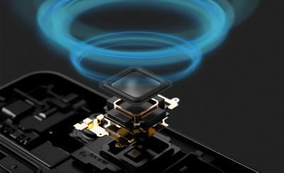 揚聲器驅動器的分解圖，以及藍色音波插圖