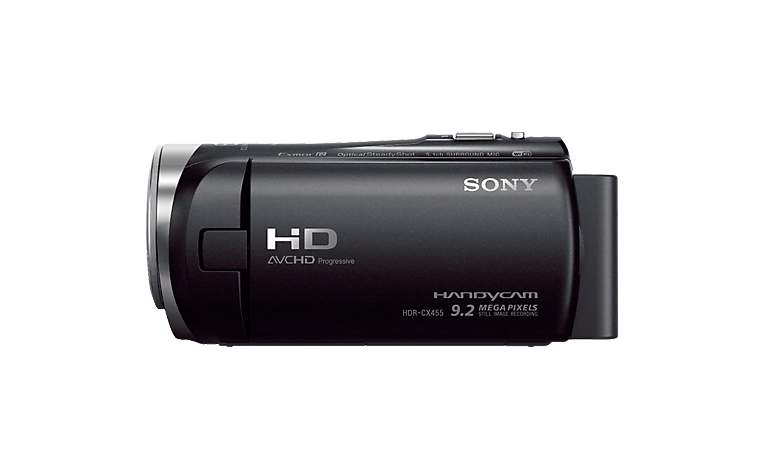 Angled view of Sony HDR-CX450 camcorder