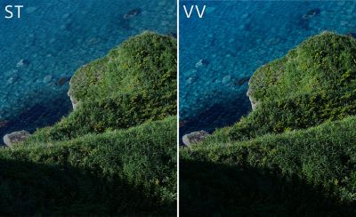 Image of sea and island displayed for comparison, with the left in ST mode and the right in VV mode