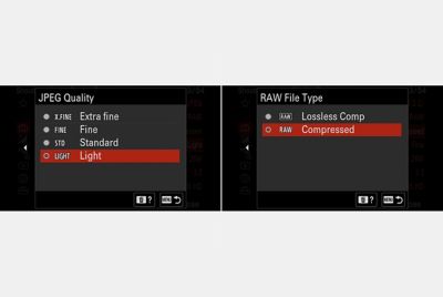 Màn hình hiển thị LCD của máy ảnh: Màn hình chọn ảnh RAW Màn hình hiển thị LCD của máy ảnh: Màn hình chọn chất lượng JPEG