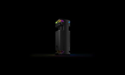 Rotating view of the ULT TOWER 10 speaker with lights illuminated.