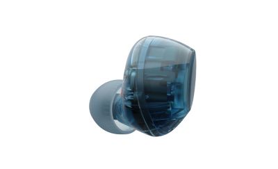 Audífonos azules transparentes que se muestran uno al lado del otro con el audífono izquierdo de frente y el audífono derecho girado hacia un lado para que se puedan ver desde todos los ángulos