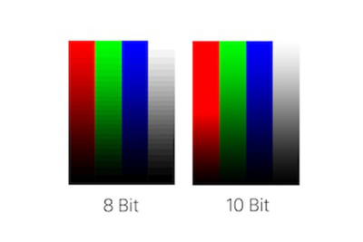 顯示四種色彩的兩張影像（8 位元及 10 位元），10 位元的影像失真較輕微