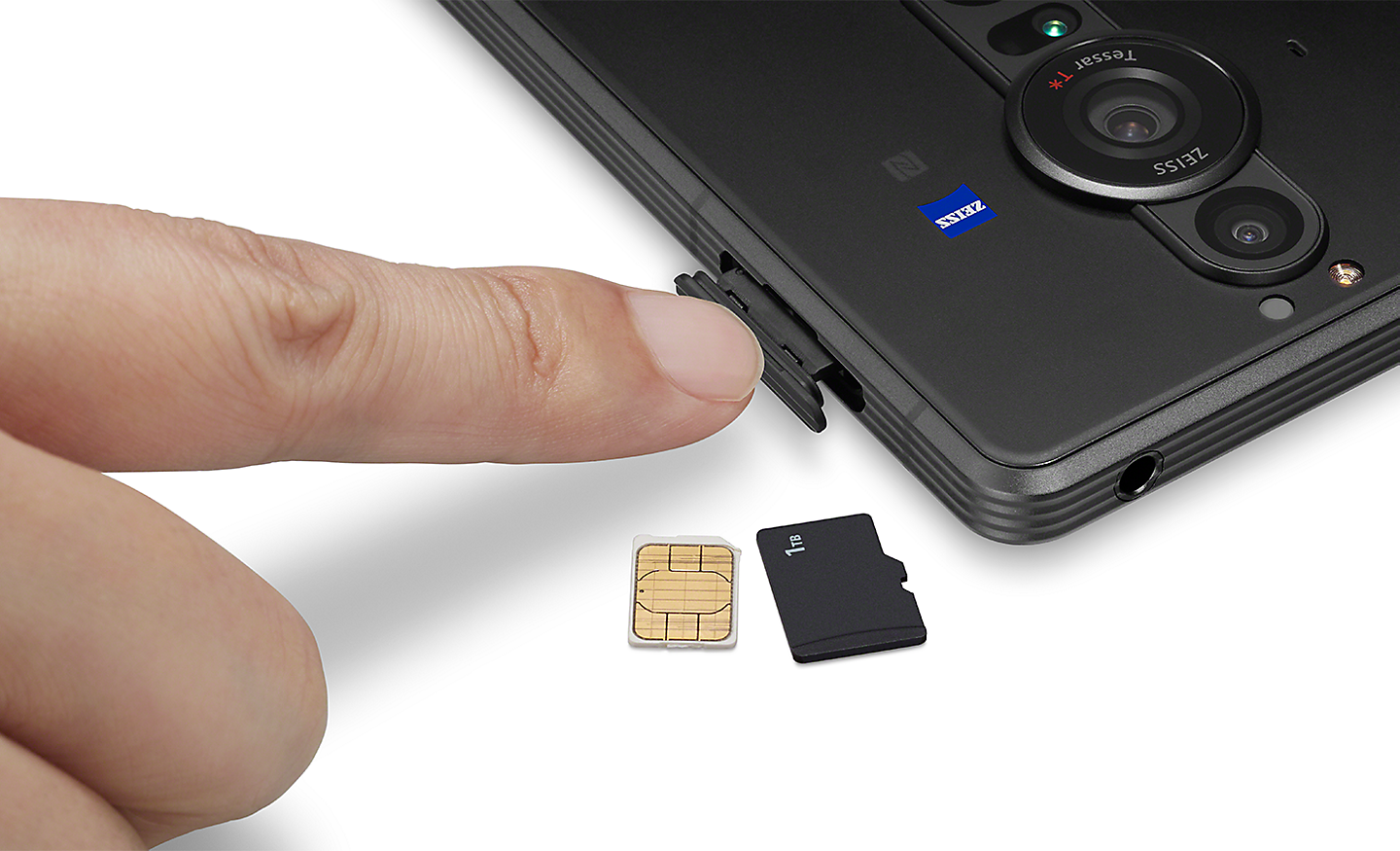 Close-up of someone placing an SD card in the Xperia PRO-I