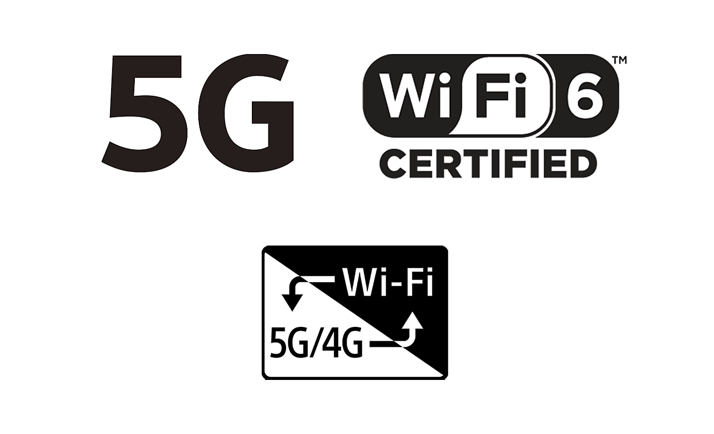 Logos for 5G, Wi-Fi 6 and Wi-Fi 5G/4G