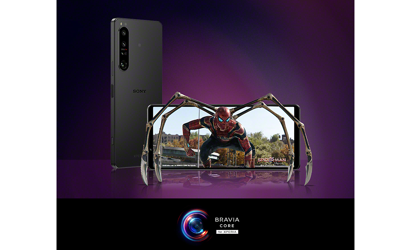 Twee Xperia-smartphones, waarvan één met een afbeelding van Spider-Man: No Way Home, plus logo van BRAVIA CORE voor Xperia