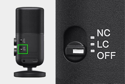 Image produit montrant le microphone avec un gros plan du commutateur des filtres antibruit et passe-bas