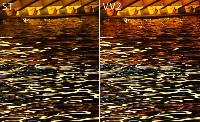 Image of a reflecting water surface displayed for comparison, with the left in ST mode and the right in VV2 mode