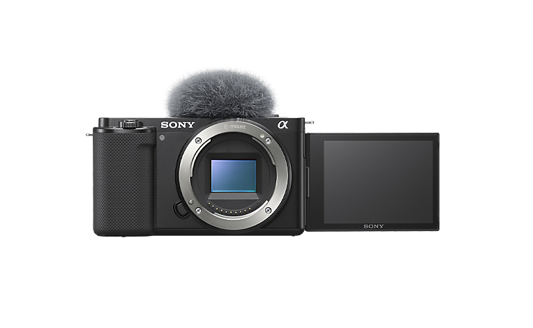 Vista frontal da câmara de vlog Sony ZV-E10 com ecrã rotativo