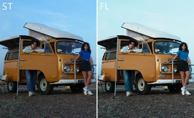 Image of a man and a woman standing beside a yellow camping car, with the left in ST mode and the right in FL mode