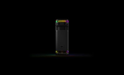 Rotating view of the ULT TOWER 10 speaker with lights illuminated.