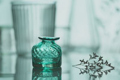 Image of transparent glass bottle and small flower in SH (Soft Highkey) mode