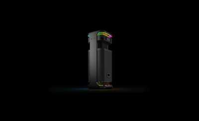 Rotating view of the ULT TOWER 10 speaker with lights illuminated.