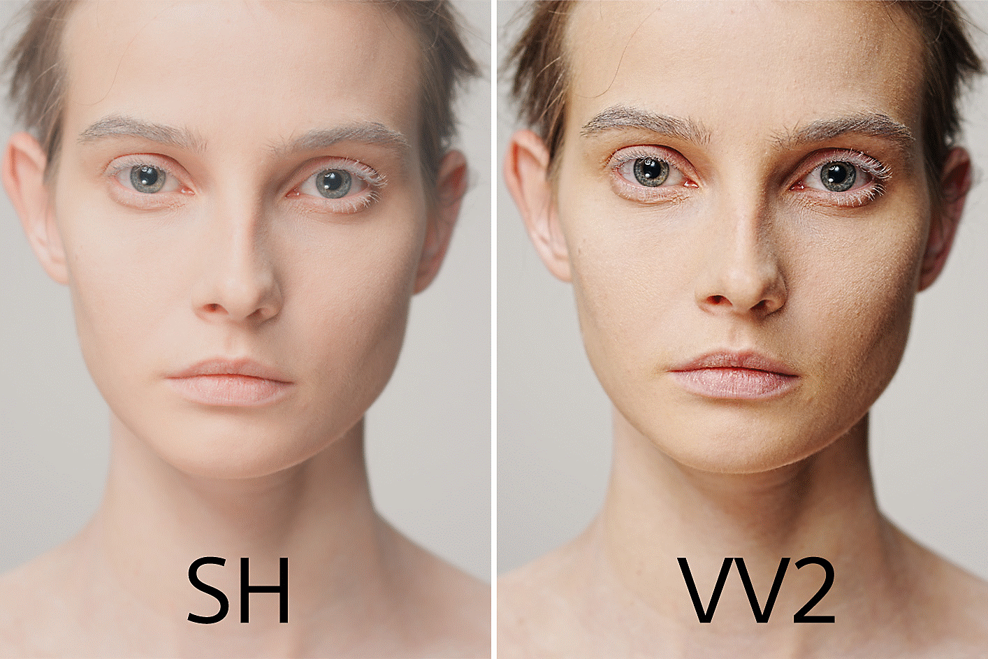 Two images of model with different colour profiles