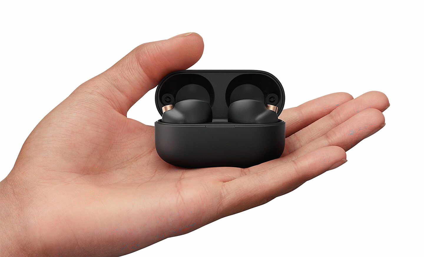 Hand holding an open charging case revealing the WF-1000XM4 headphones inside