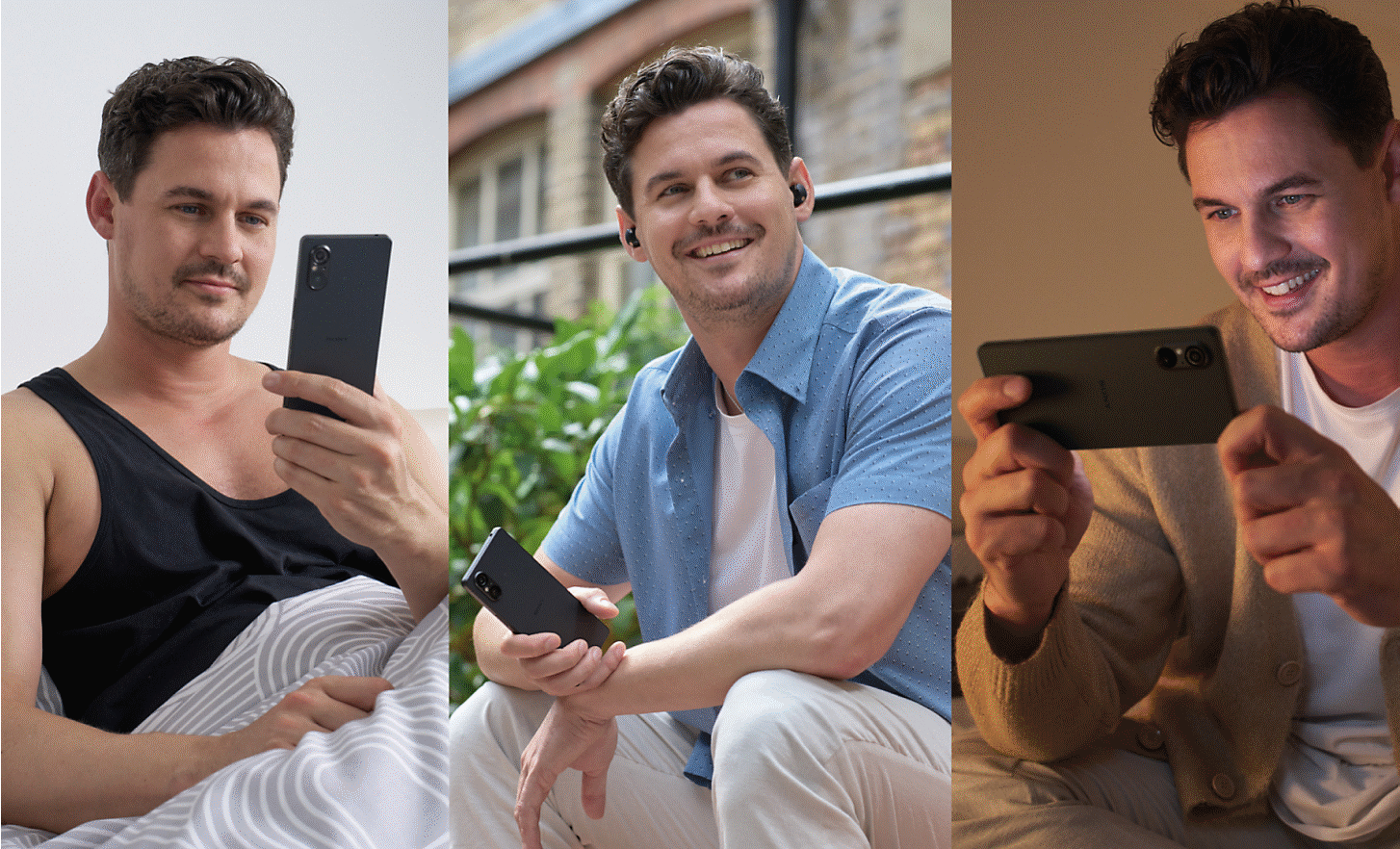 Three way split image of three people using the Xperia 5 V to read, listen and watch videos