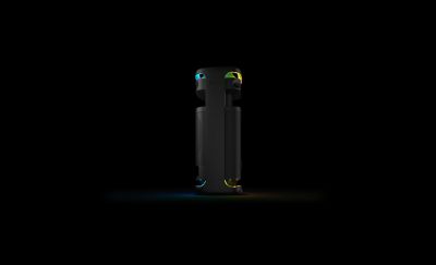 Rotating view of the ULT TOWER 10 speaker with lights illuminated.