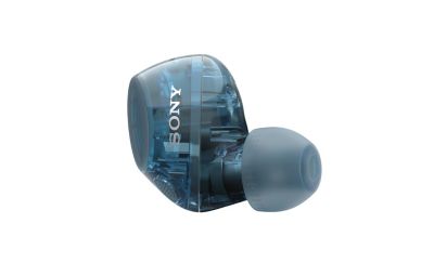 Audífonos azules transparentes que se muestran uno al lado del otro con el audífono izquierdo de frente y el audífono derecho girado hacia un lado para que se puedan ver desde todos los ángulos