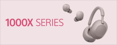 A promotional banner showcasing the new 1000X SERIES Noise Cancelling Headphones on a pink background 