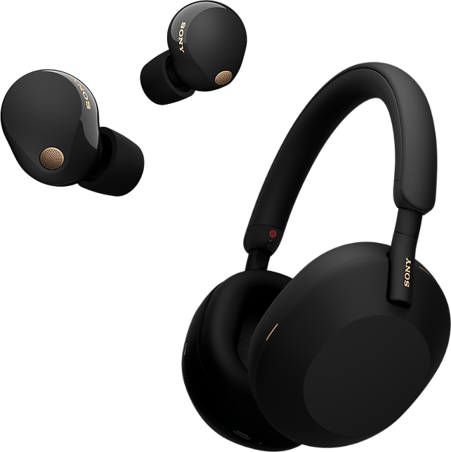 Image of a pair of black WF-1000XM5 headphones and a pair of black WH-1000XM5 headphones