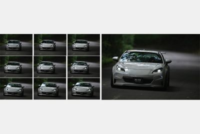 Imagens de um carro continuamente captado a 10 fps com o seguimento de AF/AE