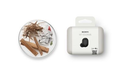 Circle graphic showing recyclable materials such as wood and paper, alongside the Sony WF-1000XM6 earphone case