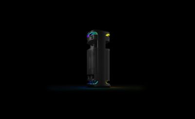 Rotating view of the ULT TOWER 10 speaker with lights illuminated.