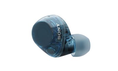 Audífonos azules transparentes que se muestran uno al lado del otro con el audífono izquierdo de frente y el audífono derecho girado hacia un lado para que se puedan ver desde todos los ángulos