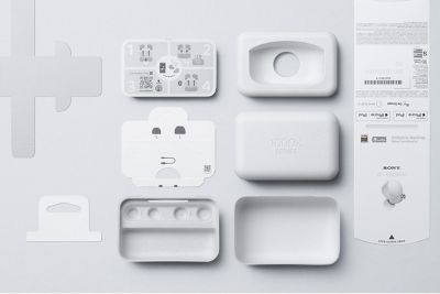 Sony WF-1000XM4 packaging made with Original Blended Material, composed of bamboo, sugarcane fibres, and post-consumer recycled paper