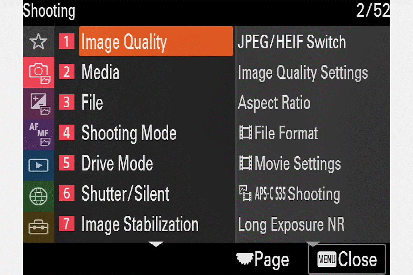 Nabídka „Shooting“ (Snímání) s kurzorem na položce „Image Quality“ (Kvalita obrazu)