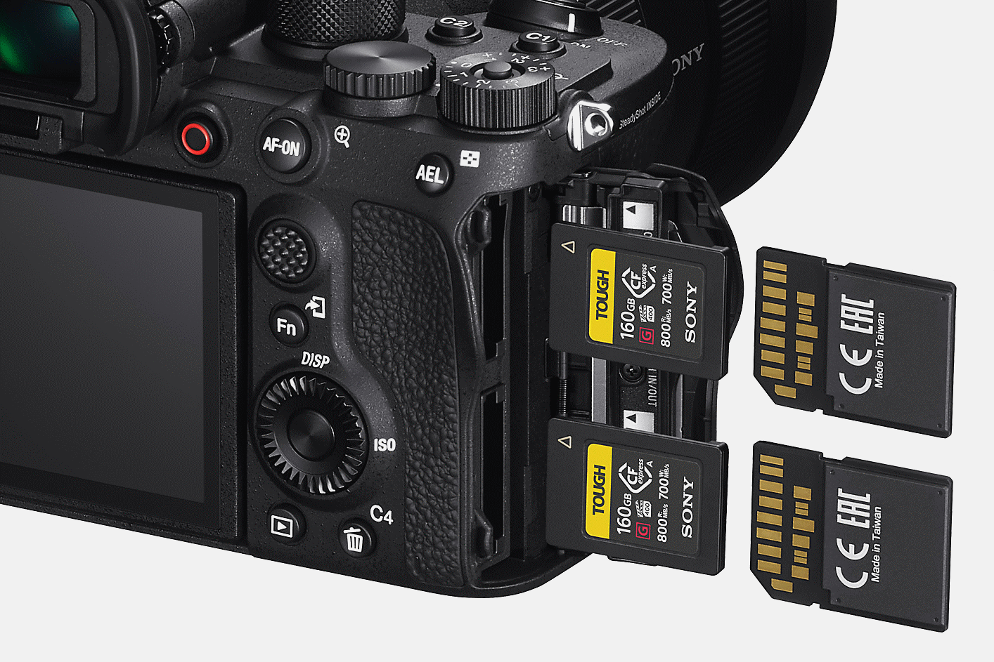 Vista posterior de la cámara con dos tarjetas SD