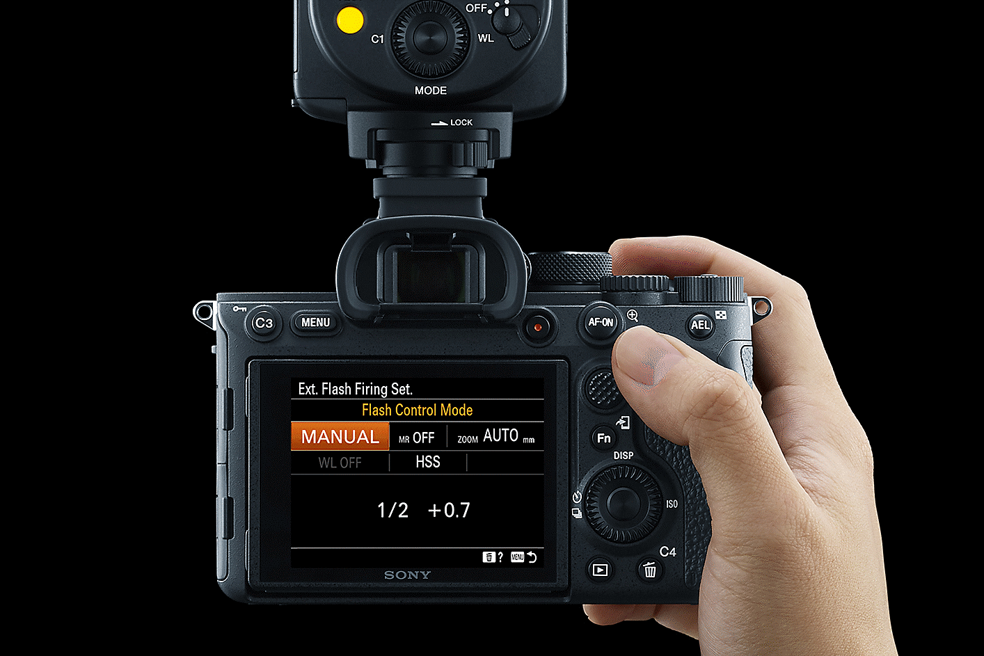 Interfaz de usuario con opciones de control de flash desde una cámara compatible
